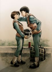 Rule 34 | 1boy, 1girl, absurdres, bad id, bad pixiv id, black hair, briefcase, brown hair, can, colored pencil (medium), couple, gaiters, graphite (medium), hand on another&#039;s head, helmet, highres, holding, izumi noa, kidou keisatsu patlabor, leaning forward, light smile, looking at another, necktie, patting, shinohara asuma, short hair, smile, traditional media, uirina, uniform