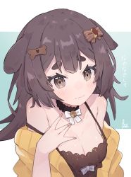 1girl absurdres animal_ears bell black_choker blush bone_hair_ornament bow breast_suppress breasts brown_bow brown_eyes brown_hair choker cleavage collarbone commentary dog_ears dog_girl english_commentary hair_bow hair_ornament highres inukai_purin lace lace_choker lucabassiart medium_breasts off_shoulder short_eyebrows smile solo sweater tsunderia virtual_youtuber w white_bow yellow_sweater