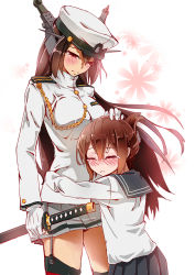 Rule 34 | 10s, 2girls, admiral (kancolle), admiral (kancolle) (cosplay), aiguillette, bad id, bad pixiv id, black hair, black skirt, brown hair, closed eyes, cosplay, cowboy shot, croya aso, folded ponytail, garter straps, gloves, gradient background, hand on another&#039;s head, hat, headgear, highres, hug, inazuma (kancolle), kantai collection, katana, long sleeves, military, military uniform, multiple girls, nagato (kancolle), naval uniform, peaked cap, pleated skirt, red eyes, sailor collar, school uniform, serafuku, sheath, sheathed, skirt, sword, tears, thighhighs, uniform, weapon, white gloves, white skirt