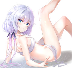 Rule 34 | 10s, 1girl, absurdres, bare arms, bare legs, bare shoulders, black ribbon, blue eyes, blush, breasts, closed mouth, commentary, feet out of frame, hair between eyes, hair ribbon, head tilt, highres, knees up, konno junko, leg up, long hair, looking at viewer, looking back, low twintails, reclining, revision, ribbon, sarashi, shadow, shoulder blades, simple background, small breasts, smile, solo, sunhyun, thighs, twintails, white background, white hair, zombie land saga