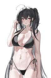 Rule 34 | 1girl, absurdres, ahoge, arm up, azur lane, bare arms, bare legs, bare shoulders, bikini, black bikini, black hair, breasts, eyebrows hidden by hair, hair between eyes, highres, large breasts, long hair, looking at viewer, miqilinfeizainie, nail polish, red eyes, simple background, solo, stomach, swimsuit, taihou (azur lane), very long hair, white background
