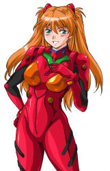 Rule 34 | bodysuit, breasts, commentary request, cowboy shot, green eyes, hair between eyes, long hair, manabe jouji, medium breasts, neon genesis evangelion, nerv, open mouth, orange hair, plugsuit, red bodysuit, shiny clothes, solo, souryuu asuka langley, white background