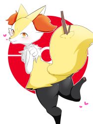 Rule 34 | 1girl, animal ears, animal hands, ass, blush, clenched hand, closed mouth, denyfake, female focus, fox ears, fox tail, from behind, furry, furry female, hand up, heart, highres, leg up, looking at viewer, looking back, orange eyes, outline, poke ball symbol, red background, simple background, smile, solo, standing, standing on one leg, stick, tail, two-tone background, white outline