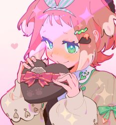 Rule 34 | 1girl, blush, gradient background, green eyes, hair ornament, hairband, heart, highres, long sleeves, medium hair, original, pink hair, pink nails, puffy sleeves, smile, solo, striped clothes, striped hairband, upper body, yooki (winter cakes)
