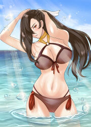 Rule 34 | 1girl, absurdres, armpits, bare shoulders, bikini, blue sky, breasts, brown eyes, brown hair, cleavage, cowboy shot, fire emblem, fire emblem fates, highres, kagero (fire emblem), kousetu0506, large breasts, long hair, looking at viewer, navel, nintendo, parted lips, partially submerged, red bikini, sky, solo, swimsuit, tying hair, water