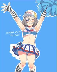 Rule 34 | 1girl, abs, baseball cap, blush, brown hair, cheerleader, commentary, english commentary, gloves, hat, highres, love live!, love live! sunshine!!, midriff, one eye closed, panties, pom pom (cheerleading), short hair, skirt, smile, solo, stomach, thighs, toadsterz, underwear, watanabe you, wavy hair