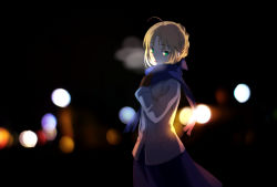 Rule 34 | 1girl, :o, ahoge, artoria pendragon (fate), blonde hair, blue scarf, blurry, bokeh, breath, coat, colored eyelashes, depth of field, fate/stay night, fate (series), gloves, green eyes, kabane (follabi), long sleeves, looking at viewer, saber (fate), scarf, skirt, solo