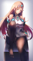Rule 34 | 1girl, absurdres, alternate costume, bare shoulders, black pantyhose, blonde hair, breasts, brown eyes, chest jewel, closed mouth, commentary request, earrings, gem, grey background, headpiece, highres, jewelry, large breasts, long hair, looking at viewer, mythra (massive melee) (xenoblade), mythra (xenoblade), nintendo, on one knee, panties, panties under pantyhose, pantyhose, sitting, spirit (super smash bros.), super smash bros., swept bangs, tiara, underwear, very long hair, xenoblade chronicles (series), xenoblade chronicles 2, yatai (ya2taic)