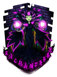 Rule 34 | 1girl, black hair, character name, colored skin, curvy, dress, dual wielding, enchantress (shovel knight), forehead jewel, green skin, holding, koi drake, lipstick, long dress, makeup, orb, purple eyes, purple hair, shoulder pads, shovel knight, solo, spiked hair, stained glass, wide sleeves
