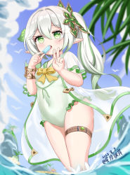 Rule 34 | 1girl, absurdres, casual one-piece swimsuit, cloud, covered navel, eating, food, genshin impact, green eyes, green robe, green one-piece swimsuit, grey hair, highres, hoshitsuki higan, long hair, nahida (genshin impact), one-piece swimsuit, outdoors, pointy ears, ponytail, popsicle, robe, see-through, sky, solo, swimsuit, thigh strap, thighs, v