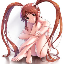 Rule 34 | 1girl, 920-k, bare arms, bare legs, bare shoulders, barefoot, bikini, blunt bangs, bow, brown eyes, brown hair, collarbone, commentary request, crossed ankles, feet, fingernails, full body, gradient background, grey background, hair bow, hand on own arm, head tilt, highres, idolmaster, idolmaster million live!, knees to chest, knees up, long hair, looking at viewer, matsuda arisa, parted lips, reflective floor, sidelocks, sitting, solo, strap slip, swimsuit, toenails, toes, twintails, very long hair, white background, white bikini, white bow