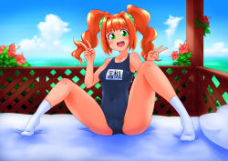 Rule 34 | 1girl, double v, green eyes, highres, idolmaster, looking at viewer, open mouth, ryoi, school swimsuit, solo, swimsuit, tagme, takatsuki yayoi, v