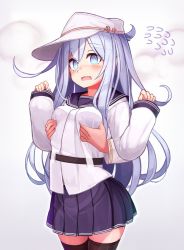 Rule 34 | 1girl, @ @, black thighhighs, blue eyes, blue sailor collar, blue skirt, blush, grabbing another&#039;s breast, breasts, disembodied head, disembodied hand, flat cap, flying sweatdrops, grabbing, groping, hammer and sickle, hat, hibiki (kancolle), highres, kantai collection, long hair, long sleeves, open mouth, pleated skirt, reitou mikan, sailor collar, simple background, skirt, solo focus, star (symbol), thighhighs, verniy (kancolle), wavy mouth, white headwear