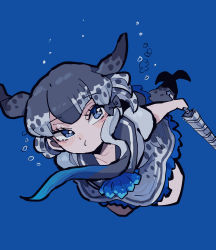 Rule 34 | 1girl, absurdres, blowhole, blue eyes, blue neckerchief, blush, bubble, cetacean tail, dress, fins, fish tail, frilled dress, frills, grey dress, grey hair, highres, holding breath, kanmoku-san, kemono friends, multicolored hair, narwhal (kemono friends), neckerchief, sailor collar, sailor dress, short hair, solo, speaker, swimming, tail, underwater, weapon