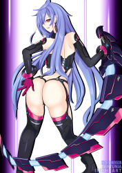 Rule 34 | 10s, 1girl, absurdres, ass, back, backboob, betonamin, blue hair, bodysuit, boots, breasts, character name, come hither, detached sleeves, earrings, female focus, from behind, gloves, hand on ass, highres, iris heart, jewelry, long hair, naughty face, neptune (series), pink eyes, pururut, seductive smile, smile, solo, sword, symbol-shaped pupils, thigh boots, thighhighs, tongue, tongue out, very long hair, weapon