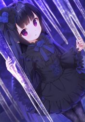 Rule 34 | 1girl, :o, black dress, black hair, black pantyhose, blue bow, blue flower, blue rose, bow, chitosezaka suzu, commentary, copyright request, dress, dutch angle, flower, gothic lolita, hand up, lolita fashion, long hair, long sleeves, looking at viewer, pantyhose, parted lips, purple eyes, rose, sidelocks, sleeves past wrists, solo, standing, very long hair, wide sleeves
