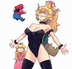 Rule 34 | 1boy, 2girls, armlet, armpits, bare shoulders, black legwear, blonde hair, blue eyes, bowsette, breasts, choker, cleavage, crown, dress, earrings, facial hair, gloves, highleg, highleg leotard, horns, jealous, jewelry, jumping, leotard, looking at another, mario, mario (series), medium breasts, mini person, miniboy, multiple girls, mustache, nintendo, overalls, pink dress, pointy ears, princess, princess peach, puffy short sleeves, puffy sleeves, red shirt, sharp teeth, shirt, short sleeves, simple background, spiked armlet, spiked shell, standing, strapless, strapless leotard, suoiresnu, super crown, tail, teeth, thighhighs, turtle shell, unseriousguy, white gloves