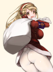 Rule 34 | 1girl, ass, bag, blonde hair, blush, breasts, brown eyes, christmas, dress, from behind, from below, gloves, headphones, kurokuro, large breasts, long hair, looking at viewer, looking back, open mouth, original, pantyhose, santa costume, sideboob, simple background, smile, solo, white background, white pantyhose