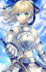 Rule 34 | 1girl, ahoge, armor, armored dress, artoria pendragon (all), artoria pendragon (fate), black ribbon, blonde hair, breastplate, caliburn (fate), cloud, day, detached sleeves, dress, excalibur (fate/stay night), fate/unlimited codes, fate (series), faulds, floating hair, gauntlets, green eyes, hair ribbon, highres, holding, holding sword, holding weapon, long hair, nomuraumu, outdoors, ribbon, saber lily, smile, solo, standing, sword, weapon, white dress, white petals, white sleeves, wind
