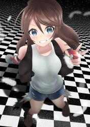 1girl absurdres black_vest blue_eyes blue_shorts blurry brown_hair checkered_floor commentary_request creatures_(company) exposed_pocket foreshortening game_freak grin hair_between_eyes highres hilda_(pokemon) holding holding_poke_ball long_hair nintendo no_headwear open_clothes open_vest poke_ball poke_ball_(basic) pokemon pokemon_bw shirt shorts sleeveless sleeveless_shirt smile solo standing teeth vest wristband yakitori_(yak1t0ri)