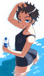Rule 34 | 1girl, ass, bad id, bad pixiv id, blue eyes, bottle, brown hair, domu, flat chest, one-piece swimsuit, original, school swimsuit, short hair, solo, swimsuit, water, wet