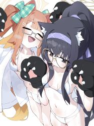 Rule 34 | 2girls, absurdres, animal hands, bags under eyes, bikini, black eyes, black gloves, black hair, blue archive, blush, bow, breasts, cat paws, cat tail, closed eyes, glasses, gloves, green bow, hair bow, hairband, halo, highres, kilabo, long hair, multiple girls, navel, open mouth, orange hair, paw gloves, purple hairband, round eyewear, shimiko (blue archive), simple background, small breasts, smile, swimsuit, tail, ui (blue archive), white background, white bikini, yellow halo