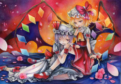 Rule 34 | 2girls, ankle socks, arm rest, ascot, bat wings, blonde hair, blood, blood on hands, calligraphy brush (medium), chain, color ink (medium), cuffs, fiery background, fire, flandre scarlet, flower, gradient background, hat, hat ribbon, head rest, leaning on person, licking, licking finger, light purple hair, mary janes, mob cap, mosho, multiple girls, one eye closed, painting (medium), petals, pink flower, pink rose, purple eyes, remilia scarlet, ribbon, rose, shackles, shoes, short hair, short sleeves, siblings, side ponytail, sisters, skirt, skirt set, socks, touhou, traditional media, watercolor (medium), wings, wink, wrist cuffs