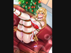 Rule 34 | 1girl, absurdres, arms behind back, bandeau, bare shoulders, blonde hair, blurry, blurry background, blush, bound, breasts, christmas tree, collarbone, commentary, couch, egg vibrator, english commentary, fur-trimmed bandeau, fur-trimmed skirt, fur trim, gloves, hair between eyes, highres, indoors, large breasts, legs up, long hair, looking at viewer, miniskirt, object insertion, on couch, open mouth, red bandeau, red skirt, ribbon, ribbon bondage, santa costume, sex toy, shokuhou misaki, sitting, skirt, solo, sparkling eyes, sweat, toaru kagaku no mental out, toaru kagaku no railgun, toaru majutsu no index, vaginal, vaginal object insertion, very long hair, vibrator, white gloves, yellow eyes, yuy
