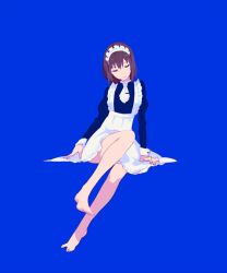 Rule 34 | 1girl, apron, bare legs, barefoot, black dress, blue background, brown eyes, brown hair, closed mouth, dress, fingernails, half-closed eyes, head tilt, juliet sleeves, long sleeves, looking at viewer, maeya susumu, maid, maid apron, maid headdress, neckerchief, original, puffy sleeves, simple background, sitting, solo, spread toes, toenails, toes, white apron, white neckerchief
