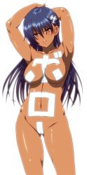 Rule 34 | 1girl, 846-gou, arms up, backlighting, breasts, brown eyes, character request, commentary request, covered erect nipples, dark-skinned female, dark skin, gluteal fold, hair ornament, hairclip, hand in own hair, head tilt, long hair, looking at viewer, maebari, original, pasties, purple hair, pussy, shiny skin, simple background, solo, thighs, white background
