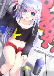 Rule 34 | 1girl, :d, arm up, black jacket, black socks, blue eyes, blue hair, blush, camisole, commentary request, cropped jacket, day, drawstring, dutch angle, gochuumon wa usagi desu ka?, graffiti, groin, hair ornament, highres, holding, hood, hood down, hooded jacket, jacket, kafuu chino, kneehighs, kouda suzu, long hair, long sleeves, looking at viewer, midriff, navel, open clothes, open fly, open mouth, open shorts, outdoors, red camisole, red shorts, short shorts, shorts, sitting, sleeves past wrists, smile, socks, solo, spray can, very long hair, x hair ornament