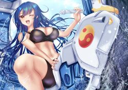 Rule 34 | 1girl, ;d, alternate costume, bikini, black bikini, blue hair, breasts, cleavage, commentary request, hinanawi tenshi, large breasts, long hair, looking at viewer, navel, one eye closed, open mouth, orb, red eyes, shounen (hogehoge), smile, solo, swimsuit, teeth, touhou, touhou lostword, upper teeth only, variant set, water, yin yang, yin yang orb