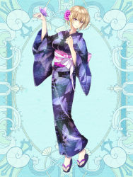 Rule 34 | 1girl, animal print, blonde hair, blue background, breasts, bug, butterfly, butterfly on hand, butterfly print, commission, flower, full body, hair flower, hair ornament, hand up, hi-na1, bug, japanese clothes, kerberos blade, kimono, looking at viewer, medium breasts, obi, purple butterfly, sandals, sash, short hair, solo, standing