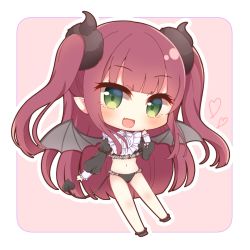 Rule 34 | 1girl, :d, black panties, black shirt, black socks, blush, chibi, commentary request, demon girl, demon horns, demon tail, demon wings, fang, frilled panties, frilled socks, frills, full body, green eyes, grey wings, hand up, heart, horns, long hair, long sleeves, looking at viewer, navel, no pants, no shoes, open mouth, outline, panties, pink background, puffy long sleeves, puffy sleeves, red hair, rizu-kyun, shirt, sleeves past wrists, smile, socks, solo, sono bisque doll wa koi wo suru, tail, two-tone background, two side up, underwear, very long hair, white background, white outline, wings, yukiyuki 441