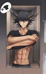 Rule 34 | 1boy, abs, alternate costume, bathroom, black hair, black pants, black shirt, blue eyes, clothes lift, collarbone, facial mark, facial tattoo, fudo yusei, highres, indoors, looking at mirror, looking at viewer, male focus, mirror, multicolored hair, muscular, muscular male, naoki (2rzmcaizerails6), pants, parted lips, shirt, solo, speech bubble, spiked hair, streaked hair, sweatdrop, t-shirt, tattoo, towel, undressing, upper body, x, yu-gi-oh!, yu-gi-oh! 5d&#039;s