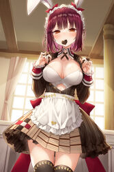Rule 34 | 1girl, alt (ctrldel), animal ears, apron, atelier (series), atelier sophie, blush, breasts, brown eyes, cleavage, colored inner hair, commentary request, cutout above navel, dress, fake animal ears, food in mouth, frilled apron, frills, hands up, highres, indoors, large breasts, long sleeves, looking at viewer, maid headdress, multicolored clothes, multicolored dress, multicolored hair, pink hair, rabbit ears, red hair, short hair, solo, sophie neuenmuller, waist apron, white apron, white headdress