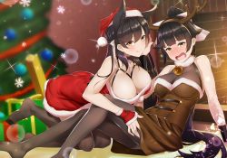 Rule 34 | 2girls, :q, all fours, animal ears, atago (azur lane), azur lane, black hair, black legwear, blurry, blurry background, blush, bow, breasts, brown dress, brown eyes, choker, christmas, christmas ornaments, christmas tree, closed mouth, dress, embarrassed, extra ears, fake antlers, fur-trimmed dress, fur collar, fur trim, gift, hair bow, hair ribbon, hat, kagiyama (clave), large breasts, licking lips, long hair, looking at viewer, mole, mole under eye, multiple girls, neck bell, open mouth, pantyhose, ponytail, red dress, ribbon, santa hat, smile, swept bangs, takao (azur lane), tongue, tongue out, very long hair, wavy mouth, white bow, white ribbon