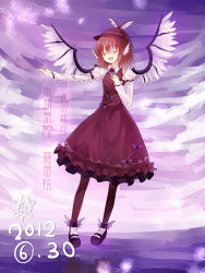 Rule 34 | 1girl, aa386993338, animal ears, bad id, bad pixiv id, brown dress, brown leggings, dated, dress, closed eyes, feathers, full body, hat, leggings, music, mystia lorelei, outstretched hand, petticoat, purple background, red hair, short hair, singing, solo, touhou, wings