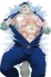 Rule 34 | 1boy, abs, animal ears, bara, blue headwear, blue pants, blue shirt, blush, dog boy, dog ears, dog tail, fangs, furry, furry male, hat, highres, large pectorals, looking at viewer, lying, male focus, oguchi magami, on back, on bed, open mouth, pants, pectorals, police, police hat, police uniform, shirt, sv grart, sweatdrop, tail, tokyo houkago summoners, undressing, uniform