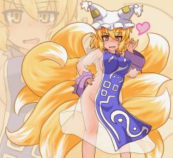 Rule 34 | 1girl, animal hat, blonde hair, breasts, dress, fox shadow puppet, fox tail, frills, hand gesture, hat, highres, kitsune, ko kage, kyuubi, large breasts, looking at viewer, mob cap, multiple tails, open mouth, mob cap, see-through, smile, solo, tabard, tail, touhou, yakumo ran, yellow eyes, zoom layer