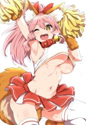 Rule 34 | 1girl, ;d, animal ears, armpits, arms up, bell, bouncing breasts, bow, breasts, cheerleader, clearite, collar, convenient censoring, covered erect nipples, fangs, fate/grand order, fate (series), fox ears, fox tail, groin, hair bow, jingle bell, large breasts, long hair, looking at viewer, navel, neck bell, no bra, no panties, one eye closed, open mouth, pink hair, pom pom (cheerleading), ponytail, skirt, smile, solo, tail, tail censor, tamamo (fate), tamamo cat (fate), tamamo no mae (fate/extra), thighhighs, thighs, underboob, white thighhighs, yellow eyes