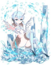 Rule 34 | 1girl, aqua hair, black hair, blue eyes, crystal, expressionless, fur trim, high heels, highres, horns, jewelry, looking at viewer, multicolored hair, necklace, original, outstretched hand, sitting, solo, tem+, templus, thighhighs, white background, wings