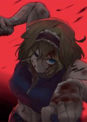 Rule 34 | 1girl, abs, absurdres, alice margatroid, blonde hair, blood, blood in hair, blood on clothes, blood on face, blue eyes, blue sports bra, commentary request, cookie (touhou), cowboy shot, frilled hairband, frills, grin, hairband, hand wraps, highres, incoming attack, incoming punch, looking afar, muscular, muscular female, odoro (nicoseiga81184094), punching, red background, red hairband, sakuranbou (cookie), short hair, smile, solo, sports bra, touhou, uneven eyes, zipper