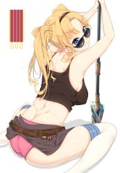 Rule 34 | 10s, 1girl, ass, bad id, bad pixiv id, bare arms, bare shoulders, blonde hair, blue eyes, blush, breasts, brown skirt, crop top, from behind, granblue fantasy, hair ornament, hairband, head tilt, large breasts, leaning forward, long hair, looking at viewer, looking over eyewear, looking over glasses, midriff, miniskirt, no bra, panties, pantyshot, parted bangs, parted lips, pink panties, polearm, sitting, skirt, solo, spear, sunglasses, thighhighs, thighs, tinted eyewear, twintails, underwear, wariza, wavy hair, weapon, yoshikanakamura, zeta (dark) (granblue fantasy), zeta (granblue fantasy)