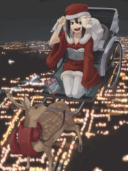 Rule 34 | 1girl, animal, blue eyes, book, brown hair, christmas, city, collarbone, deer, hand up, hat, holding, horns, itsutsu, japanese clothes, kimono, long sleeves, looking at viewer, looking back, mask, obi, open mouth, reindeer, santa costume, santa hat, sash, scarf, sitting, sleigh, smile, solo, thighhighs, white thighhighs, wide sleeves