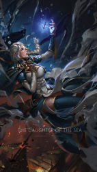 Rule 34 | 1girl, anchor, armor, battle, blue eyes, braid, braided ponytail, breasts, character name, cleavage, english text, gloves, hand on own chest, highres, jaina proudmoore, large breasts, liang xing, lips, long hair, multicolored hair, parted lips, patreon username, single braid, sinking, solo, thighhighs, two-tone hair, underwater, warcraft, watermark, web address, whale, white hair, world of warcraft