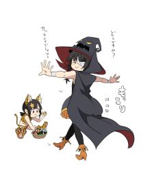 Rule 34 | 2girls, alternate costume, animal print, basket, black cape, black hair, candy, cape, commentary request, dress, food, frills, full body, hair ornament, hat, high heels, izawa (bhive003), komekko, kono subarashii sekai ni shukufuku wo!, leopard print, looking at viewer, looking back, megumin, multiple girls, open mouth, outstretched arms, red eyes, simple background, sitting, smile, smug, star (symbol), star hair ornament, translation request, white background, witch, witch hat