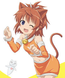 Rule 34 | 1girl, 1other, alternate costume, animal ears, bell, blue eyes, breasts, cat ears, cat tail, fang, koshigaya natsumi, medium hair, navel, non non biyori, one eye closed, open mouth, red hair, shirosame, small breasts, standing, tail