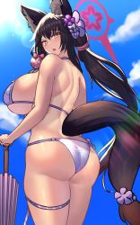 Rule 34 | 1girl, animal ears, ass, bare shoulders, bikini, blue archive, blush, breasts, brown eyes, brown hair, fox ears, fox tail, from behind, from below, halo, highres, huge breasts, jifuwabe, large breasts, long hair, looking at viewer, low twintails, open mouth, shiny skin, sideboob, solo, swimsuit, tail, thick thighs, thighs, twintails, umbrella, very long hair, wakamo (blue archive)