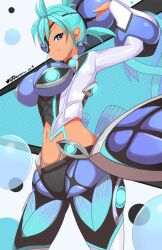 Rule 34 | 1girl, aqua hair, aqua nails, arm up, artist name, breasts, closed mouth, dark-skinned female, dark skin, earrings, eyeliner, eyepatch, highres, impossible clothes, jellcaps, jewelry, large breasts, looking at viewer, makeup, nail polish, navel, praxis (xenoblade), purple eyes, smile, solo, stomach, twitter logo, twitter username, xenoblade chronicles (series), xenoblade chronicles 2